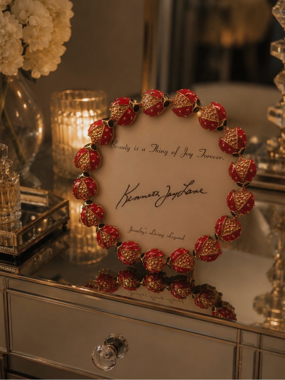 🐞🖤 RARE Small Round Kenneth Jay Lane Golden Ladybug Photo Frame 🖤🐞